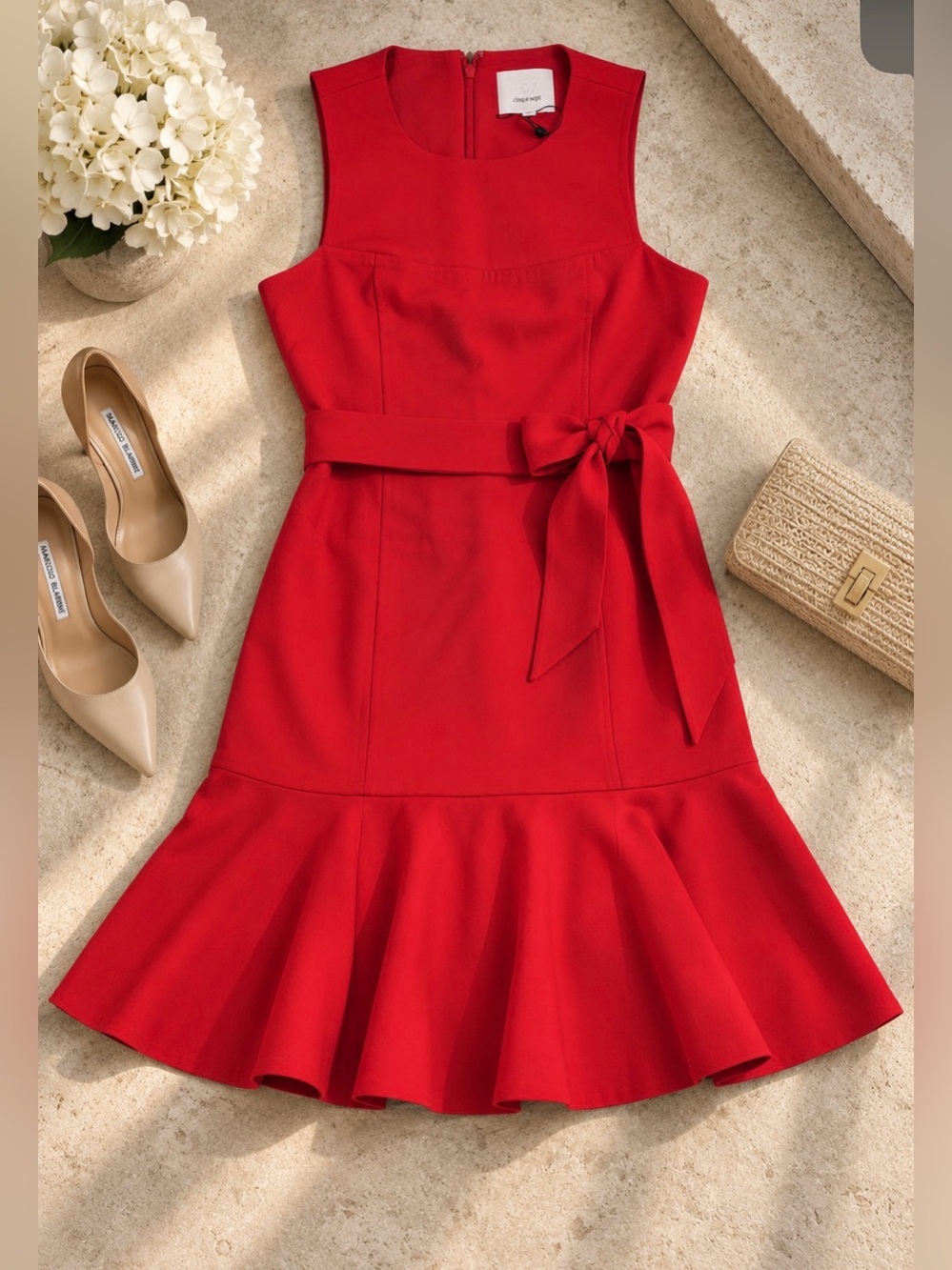 Cinq à Sept Red NWT Belted Flounce Hem Dress Size 8 Sleeveless Cocktail - Picture 3 of 9